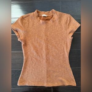 Free People Ribbed Tan Short Sleeve Top